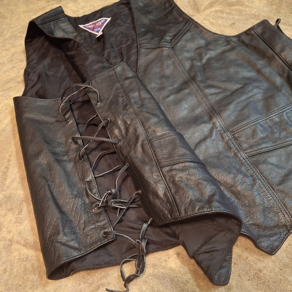 MOB Leather Side Lace Black Motorcycle Vest Men Size 4XL - Picture 7 of 16